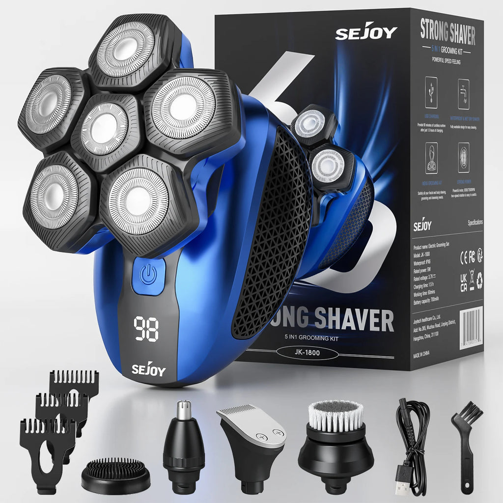 Multifunctional Head Shavers for Bald Men 6 Floating Blade Rechargeable Nose Hair Trimmer Grooming Kit
